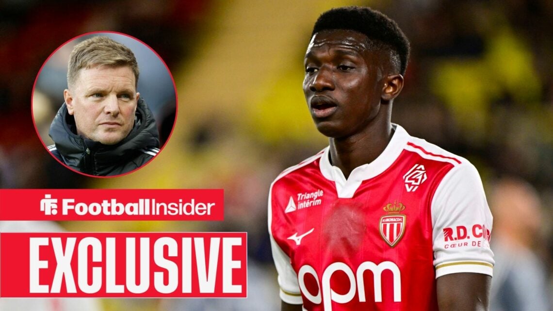 Football Insider as Lamine Camara is in action for Monaco, while Newcastle manager Eddie Howe features in a circular inset.