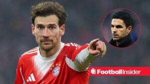 Bayern Munich midfielder Leon Goretzka points towards a circular inset, where Arsenal manager Mikel Arteta watches him in action.