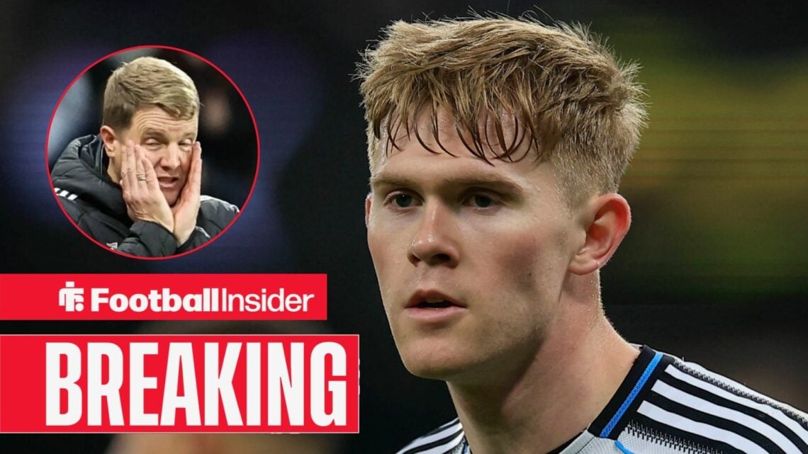 A close-up image of Newcastle defender Lewis Hall in action during a game, as manager Eddie Howe has his head in his hands in a circular inset.