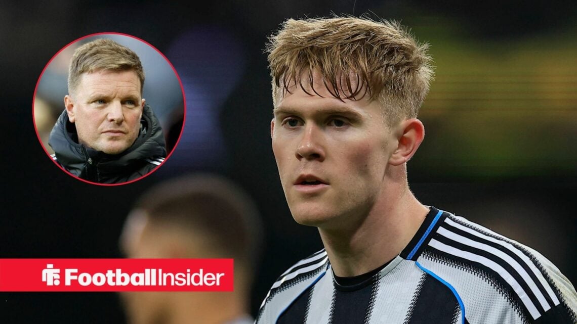 Lewis Hall in action for Newcastle United, with Eddie Howe in a circular inset