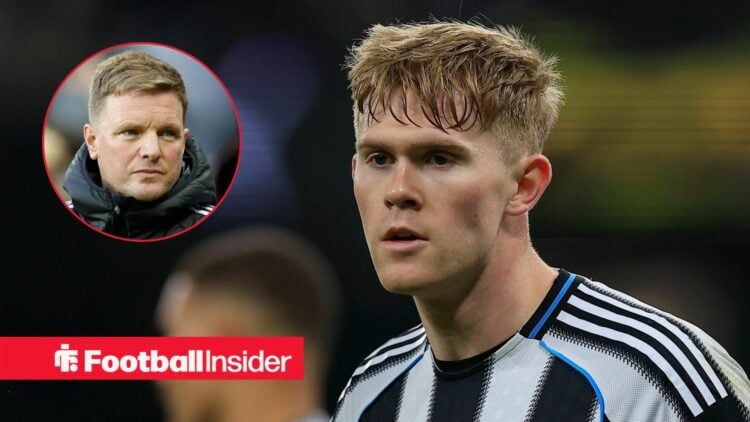 Lewis Hall in action for Newcastle United, with Eddie Howe in a circular inset