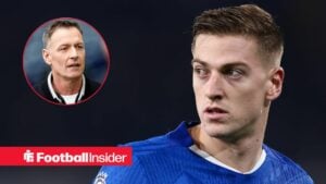 Liam Delap of Chelsea during the Premier League match between Chelsea and Wolverhampton Wanderers at Stamford Bridge, London, England on 8 November 2025 / Chris Sutton in a circular inset