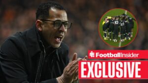 Liam Rosenior during the Emirates FA Cup Third Round match at The Valley, London 10/01/2026 / Chelsea players huddle on the halfway line against Aston Villa on 4 March, 2026