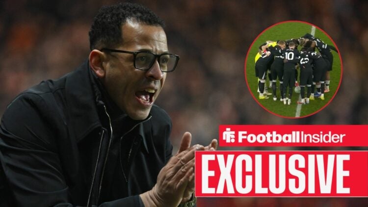 Liam Rosenior during the Emirates FA Cup Third Round match at The Valley, London 10/01/2026 / Chelsea players huddle on the halfway line against As...