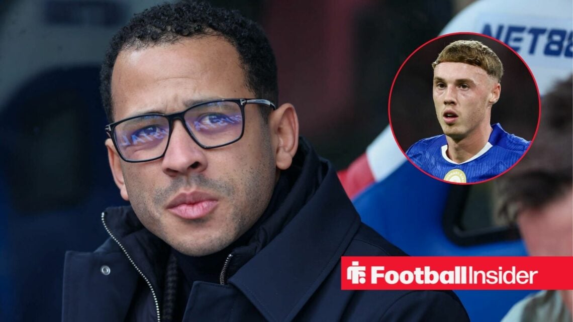 Liam Rosenior in the dugout at Chelsea, with Cole Palmer in a circular inset