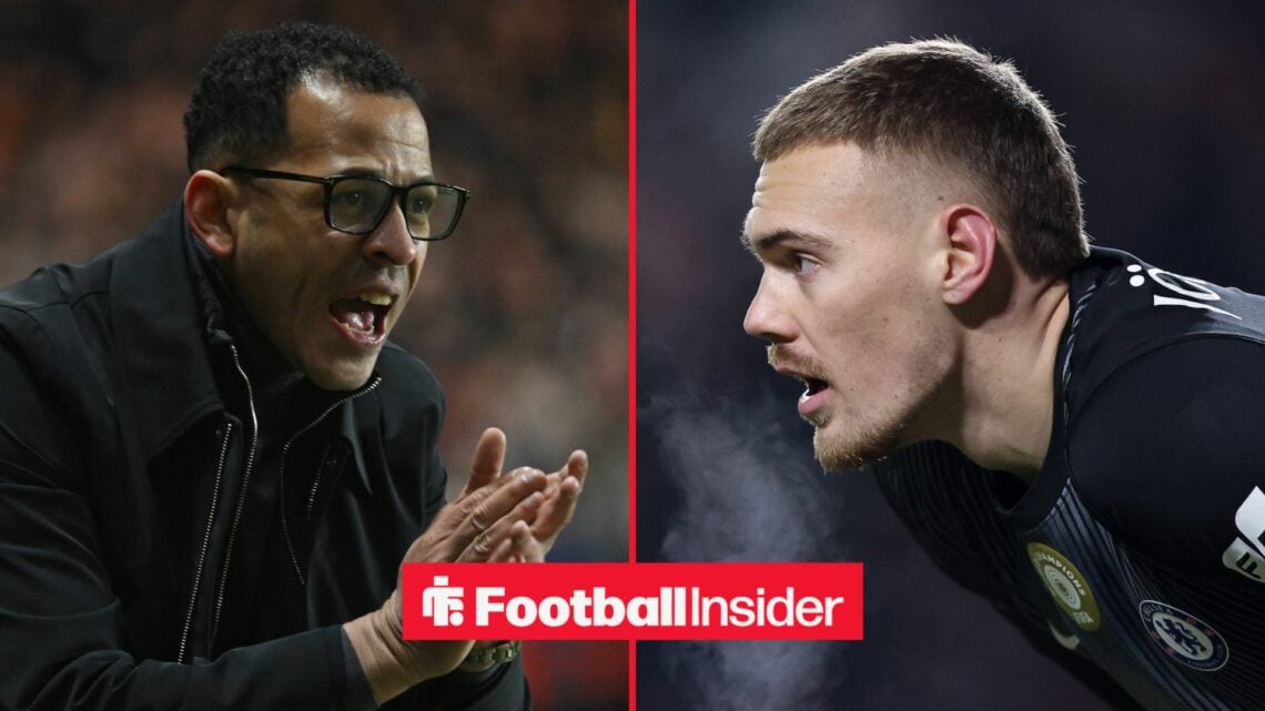 Chelsea manager Liam Rosenior applauds, as goalkeeper Filip Jorgensen puffs out his cheeks on the other side of a split image.