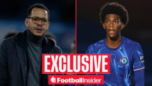 Football Insider exclusive as Chelsea manager Liam Rosenior looks across a split image towards Josh Acheampong, who is in action during a game.