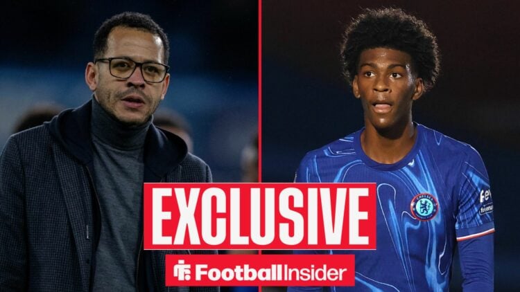 Football Insider exclusive as Chelsea manager Liam Rosenior looks across a split image towards Josh Acheampong, who is in action during a game.