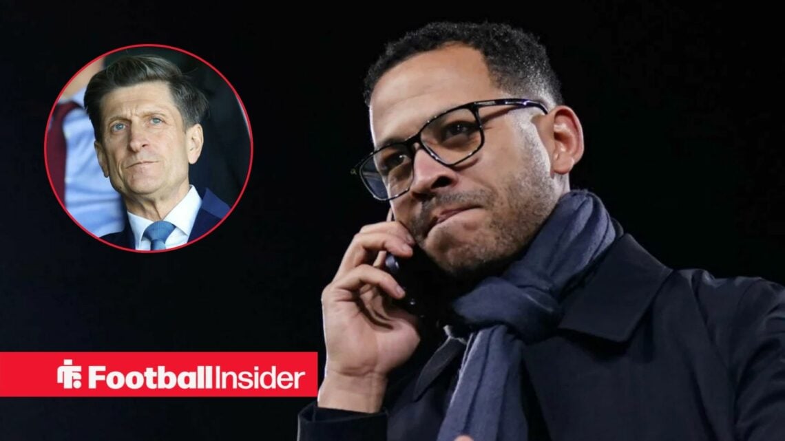 Liam Rosenior pre-match for Chelsea, with Crystal Palace's Steve Parish in a circular inset