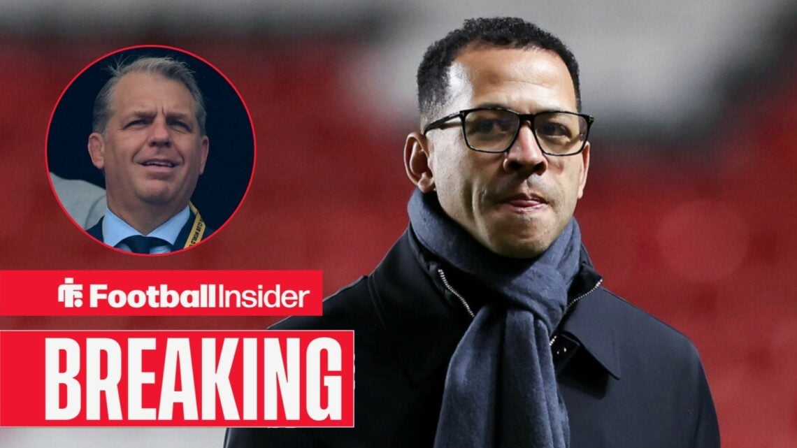 Liam Rosenior on the sidelines at Chelsea, with Todd Boehly in a circular inset