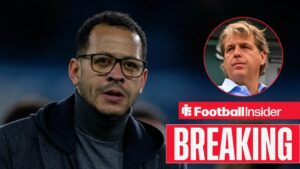 Liam Rosenior on the sidelines at Chelsea, with Todd Boehly in a circular inset