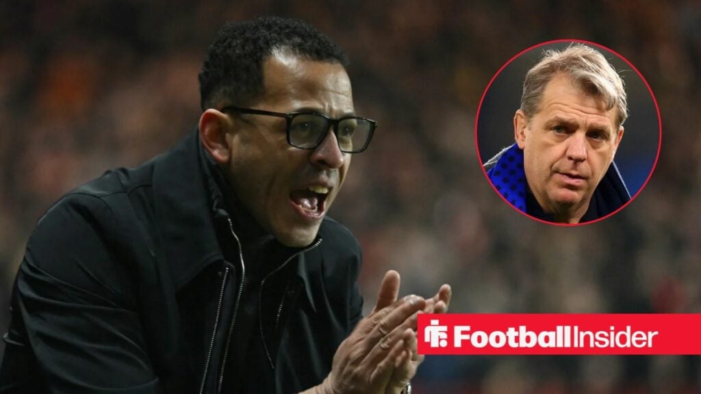 Liam Rosenior on the sidelines at Chelsea, with Todd Boehly in a circular inset