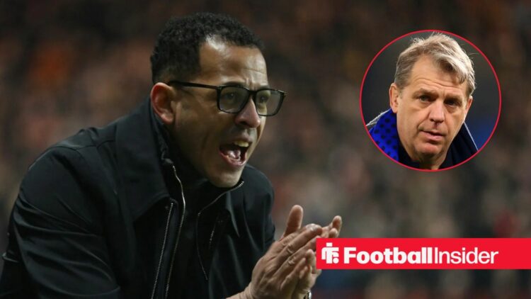 Liam Rosenior on the sidelines at Chelsea, with Todd Boehly in a circular inset