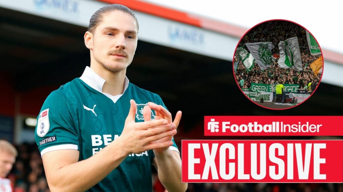 Football Insider exclusive as Plymouth Argyle striker Lorent Tolaj applauds before a game, as Celtic fans feature in a circular inset.