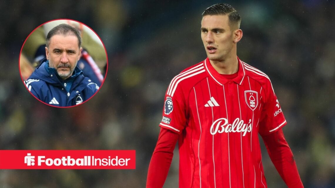 Nottingham Forest striker Lorenzo Lucca stares towards a circular inset, which features manager Vitor Pereira.
