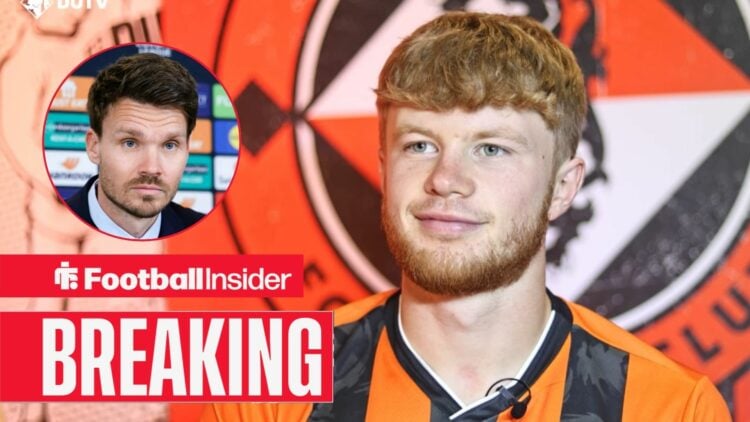 Luca Stephenson in an interview for Dundee United, with Danny Rohl in a circular inset