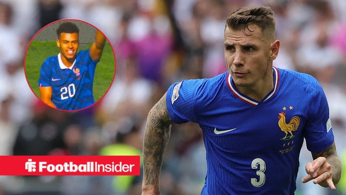 08.06.2025, Nations League, Deutschland vs Frankreich, Stuttgart Football Arena, Fussball im Bild: Lucas Digne / Desire Doue celebrates his second ...