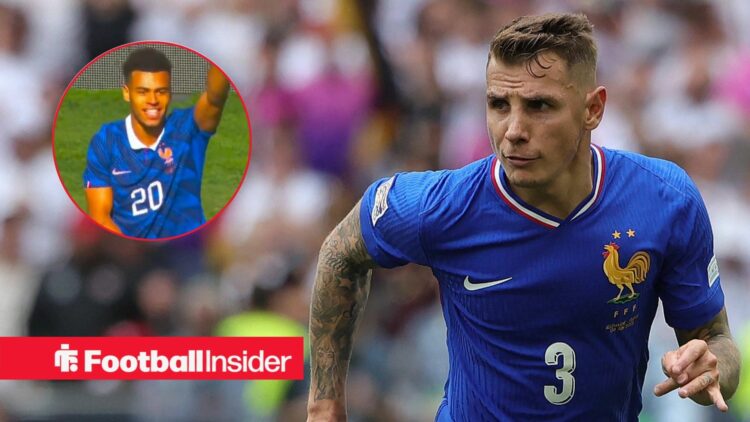 08.06.2025, Nations League, Deutschland vs Frankreich, Stuttgart Football Arena, Fussball im Bild: Lucas Digne / Desire Doue celebrates his second ...