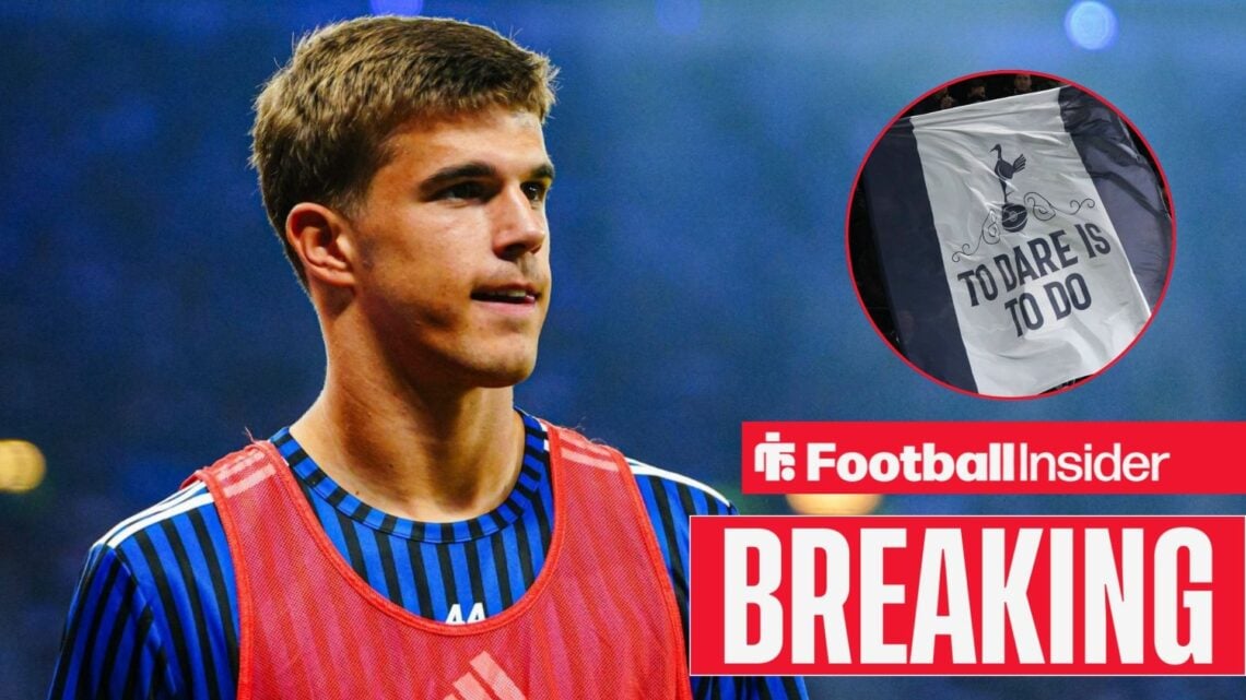 Breaking news as Luka Vuskovic stares towards a circular inset, which features a Tottenham flag.