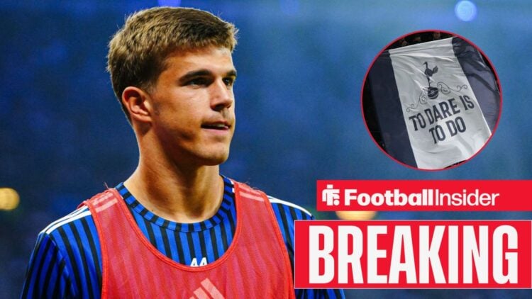 Breaking news as Luka Vuskovic stares towards a circular inset, which features a Tottenham flag.