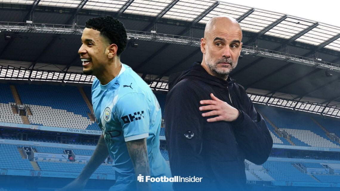 Savinho and Pep Guardiola at the Etihad Stadium