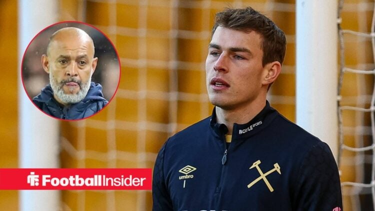 Mads Hermansen in action for West Ham, with Nuno Espirito Santo in a circular inset