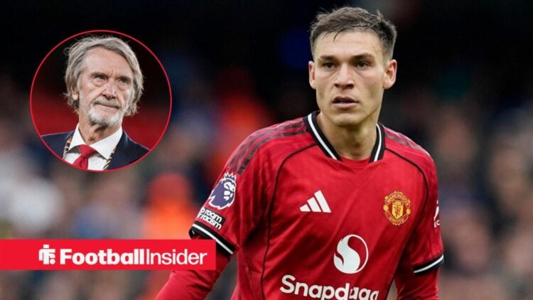 Manchester United midfielder Manuel Ugarte in action during a game, as co-owner Sir Jim Ratcliffe watches from a circular inset.