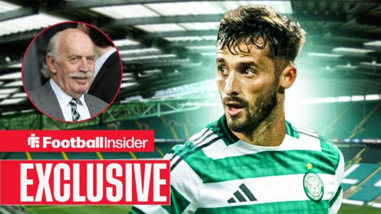 Football Insider exclusive as Marcelo Saracchi is in action during a game for Celtic, while owner Dermot Desmond smiles in a circular inset.