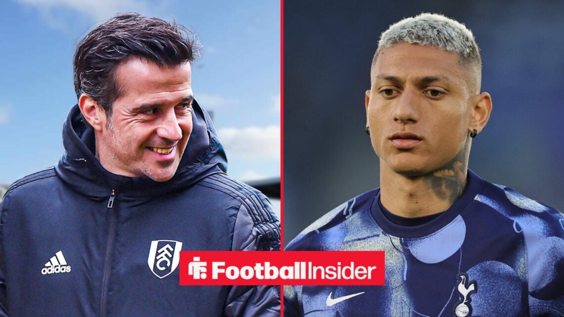 Fulham manager Marco Silva smiles across a split image towards Tottenham striker Richarlison, who warms up for a game.