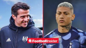 Fulham manager Marco Silva smiles across a split image towards Tottenham striker Richarlison, who warms up for a game.