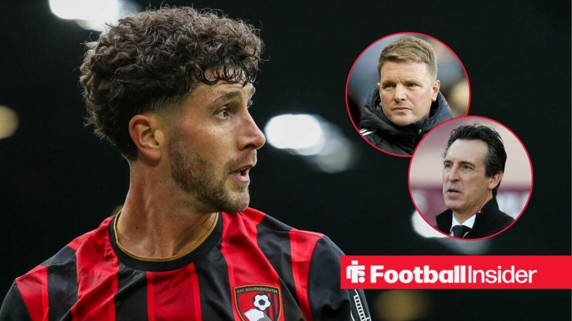 Bournemouth defender Marcos Senesi stares towards a pair of circular insets, which feature Newcastle manager Eddie Howe and Aston Villa boss Unai E...