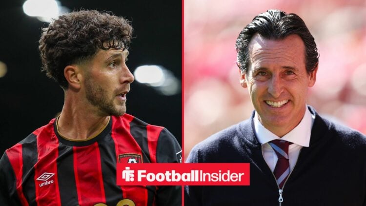 Bournemouth defender Marcos Senesi looks across a split image towards Aston Villa manager Unai Emery, who grins on the touchline.