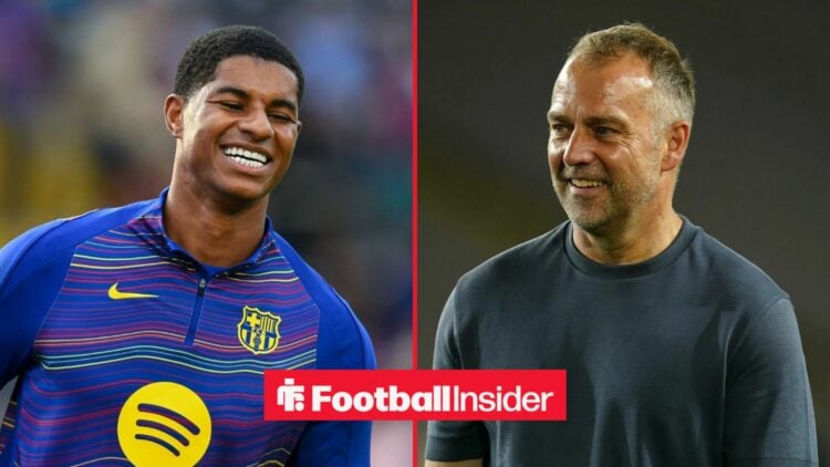 Marcus Rashford in action for Barcelona, with Hansi Flick on the sidelines