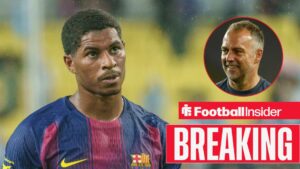 Marcus Rashford in action for Barcelona, with Hansi Flick in a circular inset