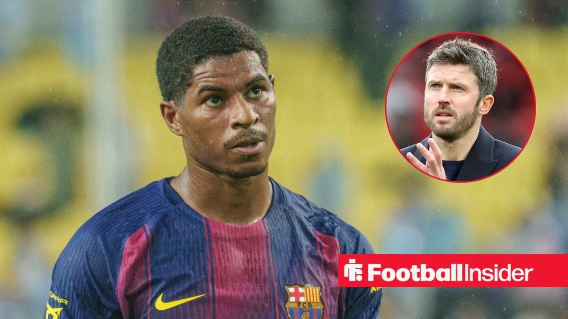 Marcus Rashford in action for Barcelona, with Michael Carrick in a circular inset
