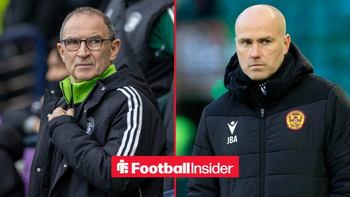 Celtic manager Martin O'Neill stares across a split image towards Motherwell boss Jens Berthel Askou.