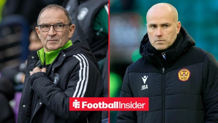 Celtic manager Martin O'Neill stares across a split image towards Motherwell boss Jens Berthel Askou.