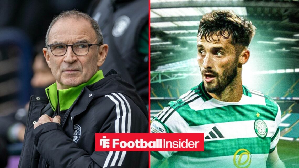 Celtic manager Martin O'Neill glances across a split image towards defender Marcelo Saracchi.