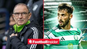 Celtic manager Martin O'Neill glances across a split image towards defender Marcelo Saracchi.