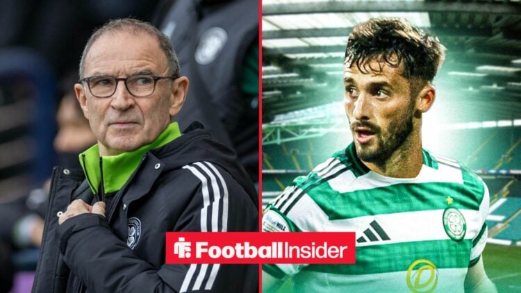 Celtic manager Martin O'Neill glances across a split image towards defender Marcelo Saracchi.