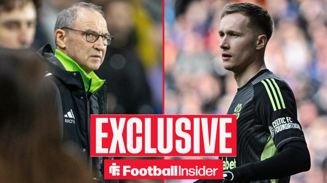 Football Insider exclusive as Celtic manager Martin O'Neill stares across a split image towards goalkeeper Viljami Sinisalo.