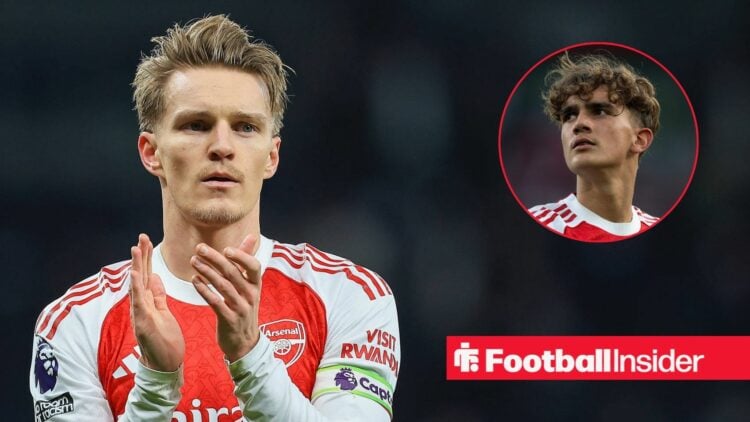 Martin odegaard 8 acknowledges the Fans at full time during the Premier League match between Tottenham Hotspur and Arsenal at Tottenham Hotspur Sta...