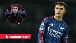 Martin Zubimendi of Arsenal during the Premier League match Fulham vs Arsenal at Craven Cottage, London, United Kingdom, 18th October 2025 / Mikel Arteta on the sidelines at Arsenal