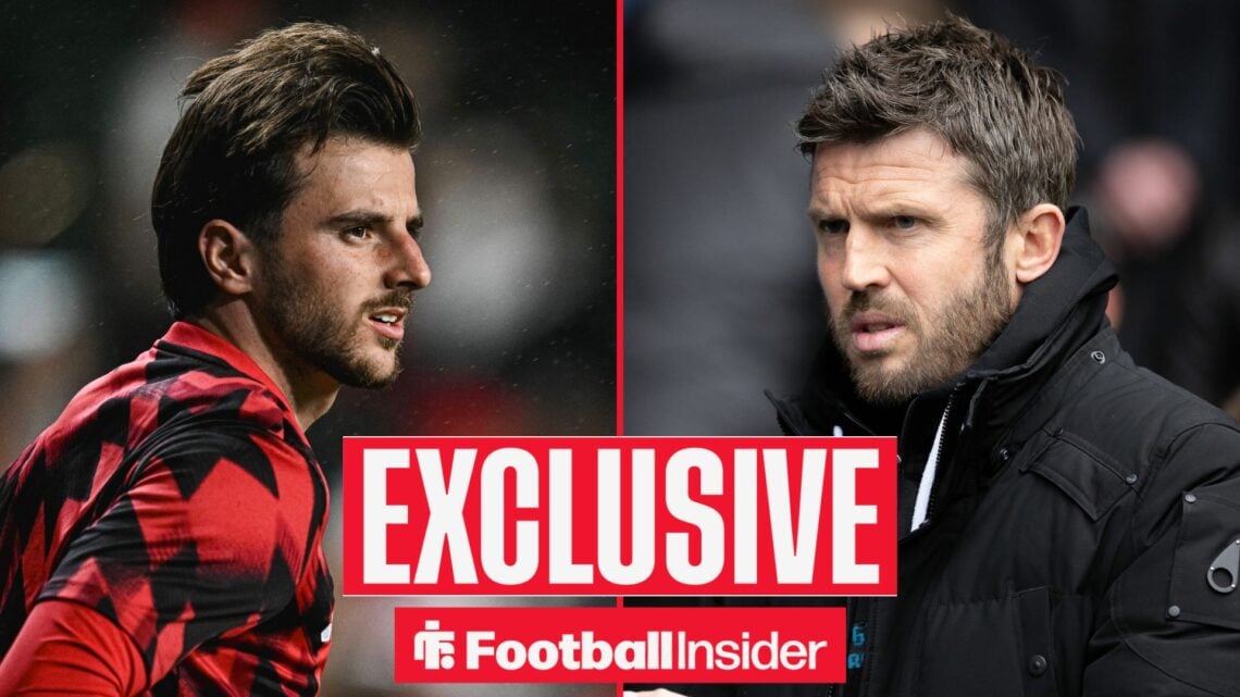 Football Insider exclusive as Manchester United midfielder Mason Mount warms up for a game, while interim manager Michael Carrick watches from the ...