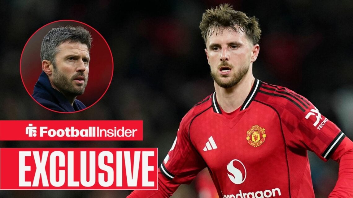 Football Insider exclusive as Mason Mount is in action during a game for Manchester United, while manager Michael Carrick watches from a circular i...