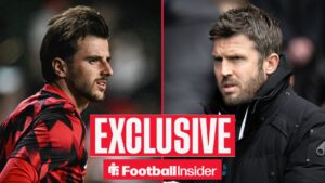 Football Insider exclusive as Manchester United midfielder Mason Mount warms up for a game, while interim manager Michael Carrick watches from the other side of a split image.