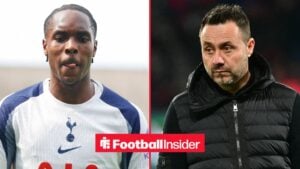 Mathys Tel stares at the ground during a game for Tottenham, as Roberto De Zerbi watches from the other side of a split image.