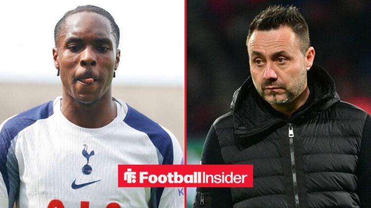 Mathys Tel stares at the ground during a game for Tottenham, as Roberto De Zerbi watches from the other side of a split image.