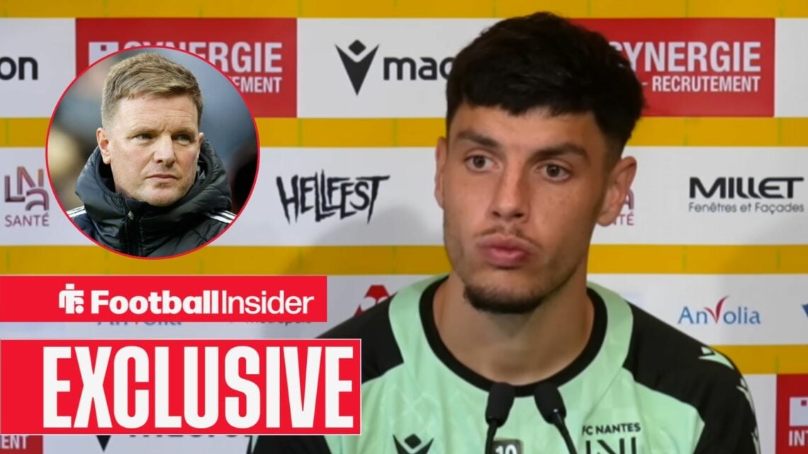 Matthis Abline in a press conference for Nantes, with Eddie Howe in a circular inset