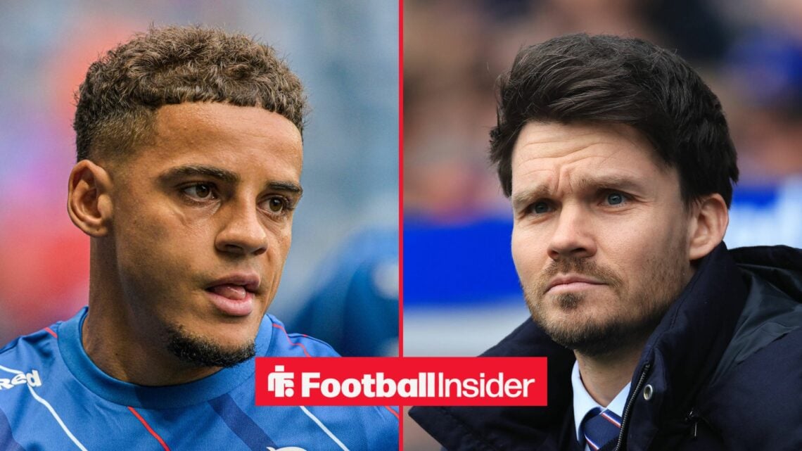 Rangers defender Max Aarons stares across a split image towards manager Danny Rohl.